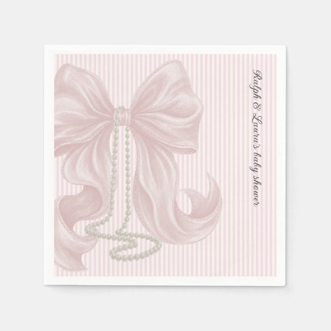 Guardanapo De Papel Striped Bow Ivory Pink Baby Shower  (Frente)