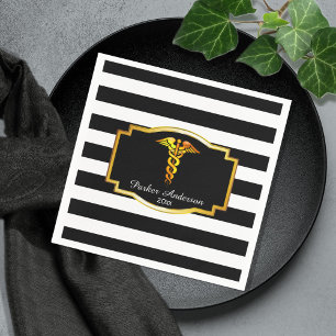 Guardanapo De Papel Striped Gold Caduceus Medical Nursing Graduation