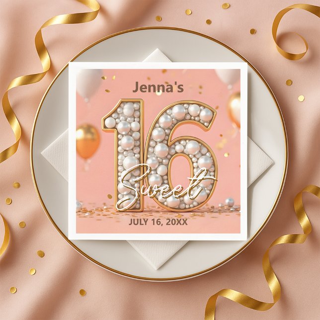 Guardanapo De Papel Stylish Blush Pink Pearl Gold Sweet 16 Birthday  (Criador carregado)