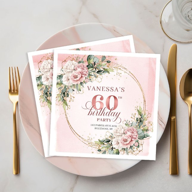 Guardanapo De Papel Stylish boho light pink floral shimmer 60 birthday (Stylish boho light pink floral shimmer 60th birthday napkins

)