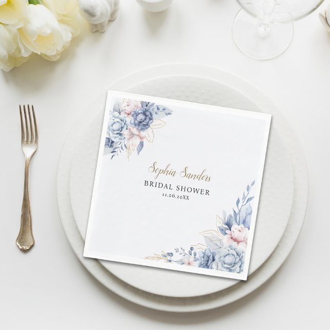 Guardanapo De Papel Stylish Bridal Shower with Elegant Blue Blooms (Criador carregado)
