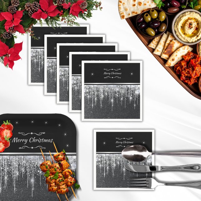 Guardanapo De Papel Stylish Silver and Black Merry Christmas Party (Stylish black paper party napkins with silver accents and white border. Personalize or keep text)