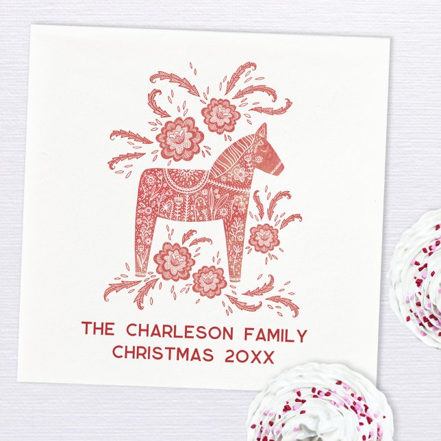Guardanapo De Papel sueco Dala Horse Red e White Personalizado (Swedish Dala Horse Scandinavian red and white personalized custom text Christmas party paper napkin)