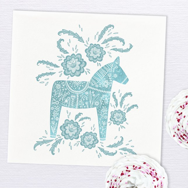Guardanapo De Papel Sueco Dala Horse Teal Green e White (Swedish Dala Horse art paper napkin in teal green and white)