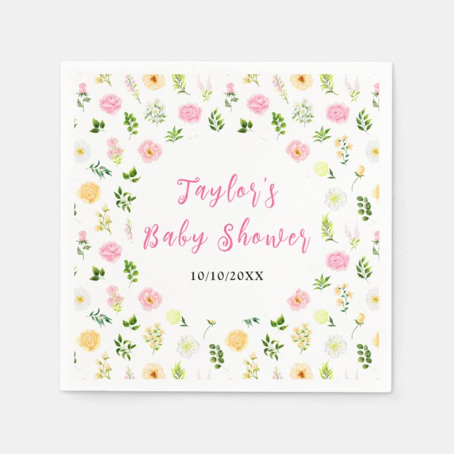 Guardanapo De Papel Summer Pink and Yellow Floral Baby Shower (Frente)