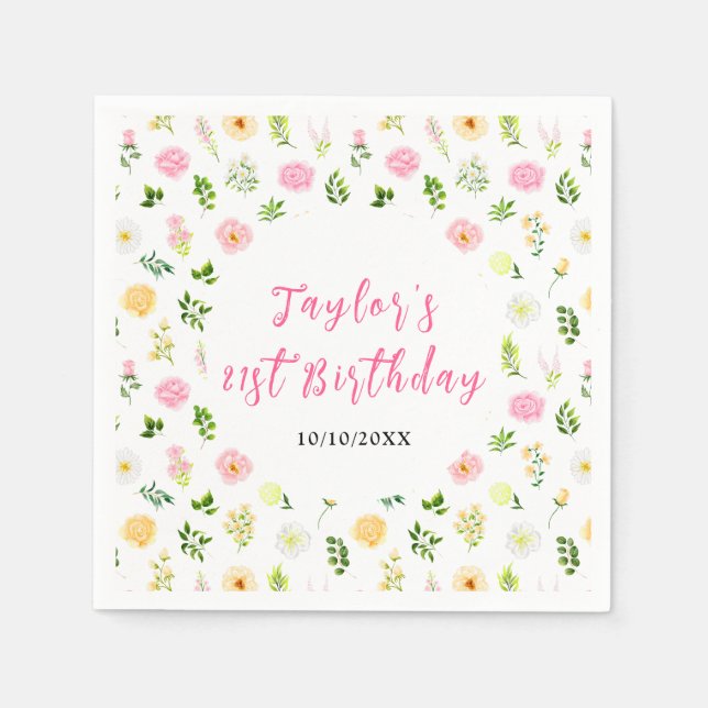 Guardanapo De Papel Summer Pink and Yellow Floral Birthday (Frente)