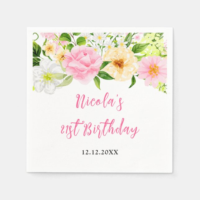 Guardanapo De Papel Summer Pink and Yellow Floral Birthday (Frente)