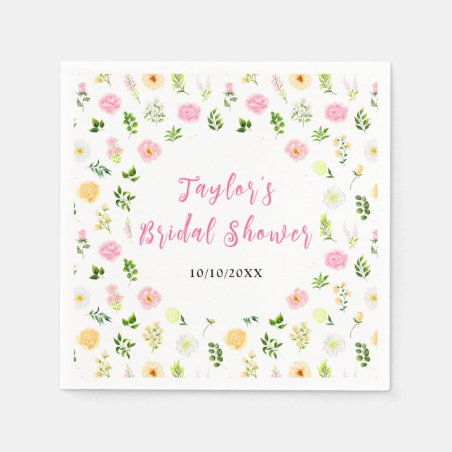 Guardanapo De Papel Summer Pink and Yellow Floral Bridal Shower (Frente)