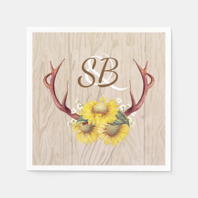 Guardanapo De Papel Sunflower Antlers Rustic Country Wooden Casamento (Frente)