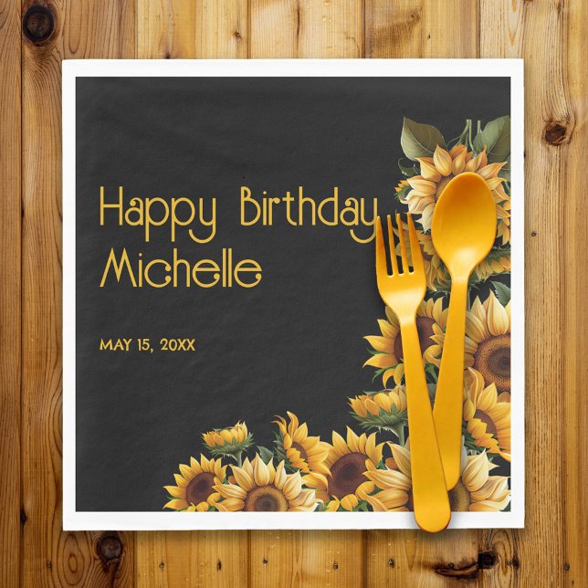 Guardanapo De Papel Sunflower Black Rustic Elegant Feliz Aniversário (Sunflowers on black birthday party paper napkins)
