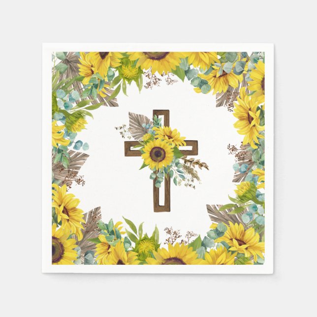 Guardanapo De Papel Sunflower Eucalyptus Palm Boho Cross Baptism (Frente)