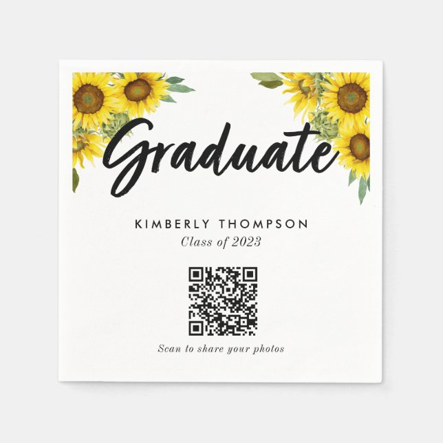 Guardanapo De Papel Sunflower Graduation QR Code Party Photo Share (Frente)