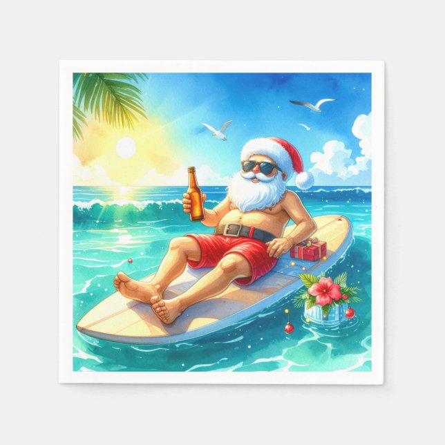 Guardanapo De Papel Surfing Christmas in Hawaii with Santa Claus  (Frente)