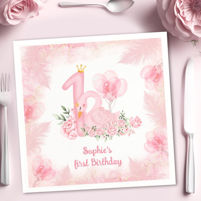 Guardanapo De Papel Swan Floral Feather White primeiro aniversario Ros (Swan Floral Feather Pink White Girl 1st Birthday Napkins)