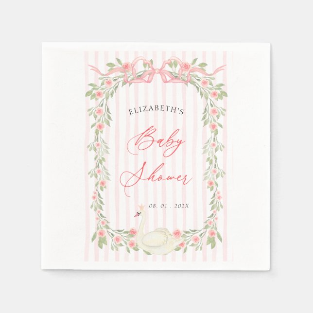 Guardanapo De Papel Swan Pink Bow Floral Baby Shower (Frente)