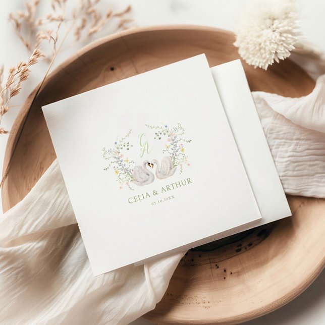 Guardanapo De Papel Swans Floral Monogram Crest Wedding  (Criador carregado)