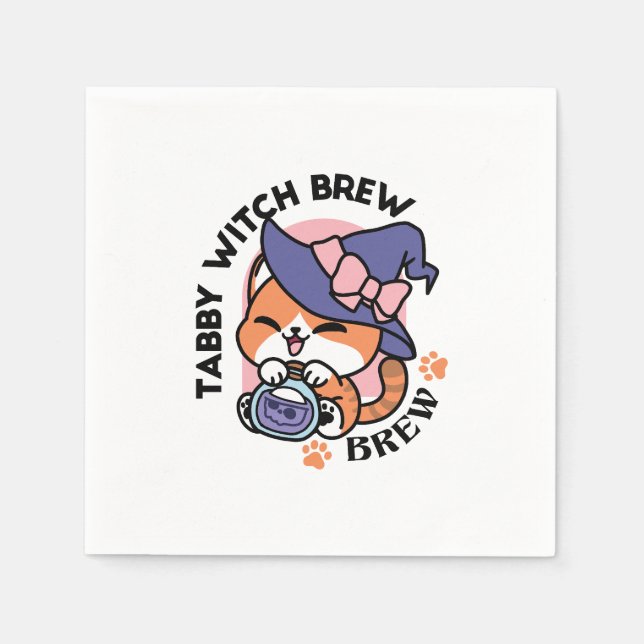 Guardanapo De Papel Tabby Witch Brew – Design de Gato Fofo de Hallowee (Frente)