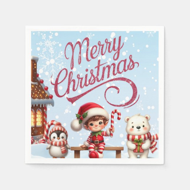 Guardanapo De Papel Tableware Festivo I Elf, Penguin e Urso Polar (Frente)