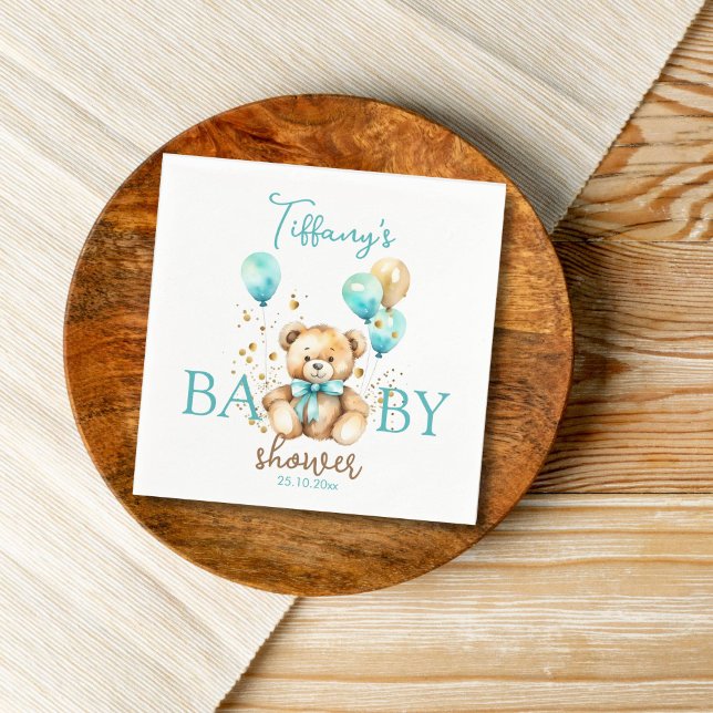 Guardanapo De Papel Tabuleiro de chá de fraldas de ursinho aqua marrom (Teddy bear baby shower personalized napkins cute fluffy teddy with balloons napkins aqua blue gold)