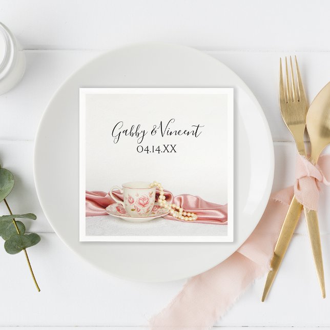 Guardanapo De Papel Taça Floral Rosa com Casamento de Pérolas (Criador carregado)