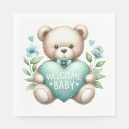 GUARDANAPO DE PAPEL TAN TEDDY BEAR COM PASTEL CORAÇÃO VERDE