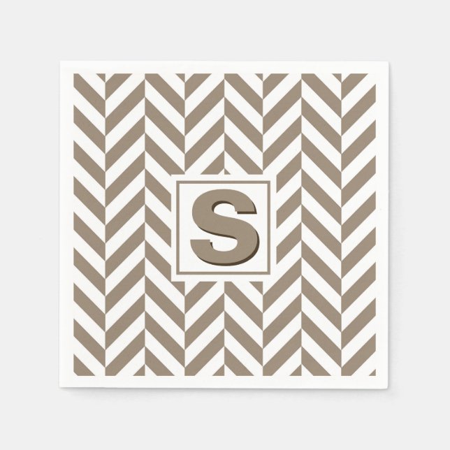 Guardanapo De Papel Tan White Herringbone Monograma (Frente)