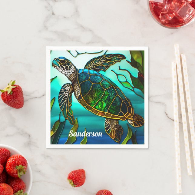 Guardanapo De Papel Tartaruga do Mar Costeiro Verde Azul Tropical (Insitu)