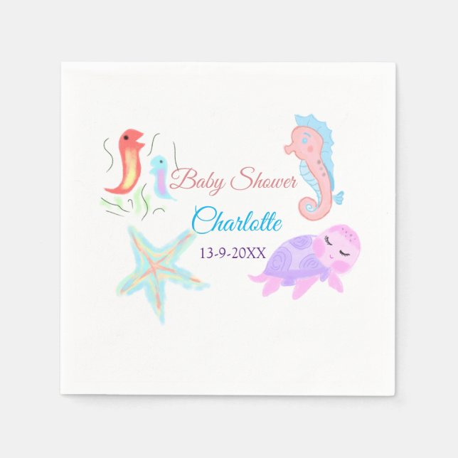 Guardanapo De Papel Tartaruga marinha estrela do peixe aquarela vitrin (Frente)