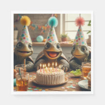 Tartarugas celebrando aniversário com bolo e chapé