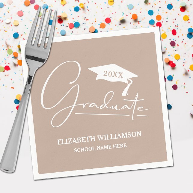 Guardanapo De Papel Taupe de Boné de formatura de Script Branco (Your name, class year and "Graduate" in a cool script on taupe party napkins)