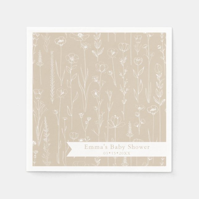 Guardanapo De Papel Taupe Wildflower Baby Shower | Floral Pattern (Frente)