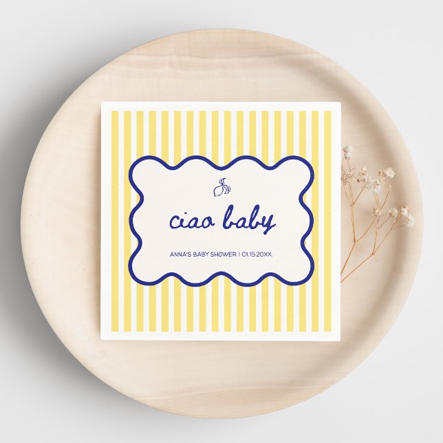 Guardanapo De Papel Tchau Chá de fraldas Azul e Amarelo Desenhado (ciao baby yellow stripes hand drawn italian ciao bambino baby shower citrus lemon butter yellow)