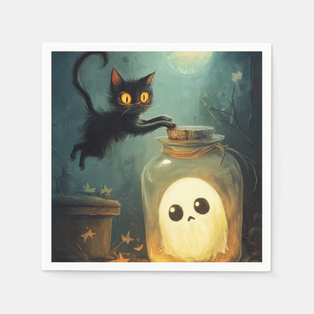 Guardanapo De Papel Te peguei - Gato Halloween e Fantasma (Frente)