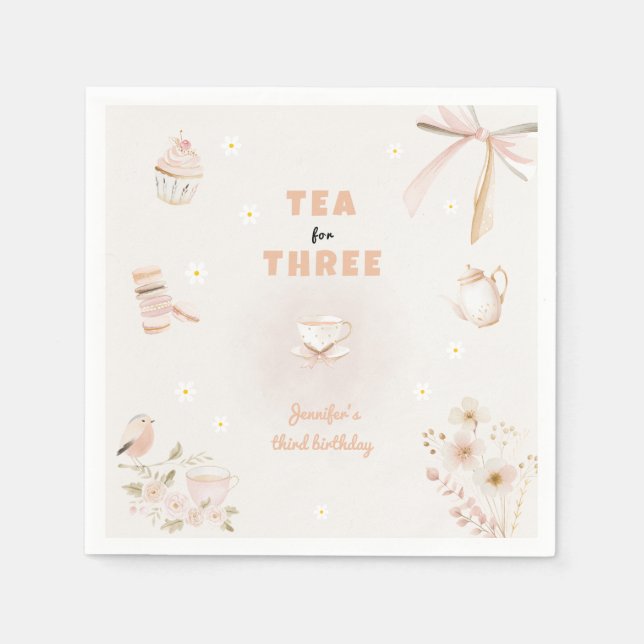Guardanapo De Papel Tea for Three Birthday Invitation for Girls (Frente)