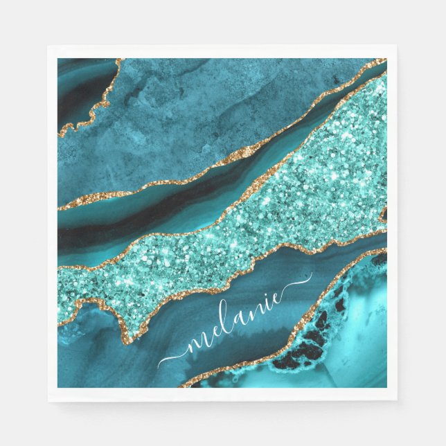 Guardanapo De Papel Teal Blue Marble Turquoise Seu Nome Napkins (Frente)
