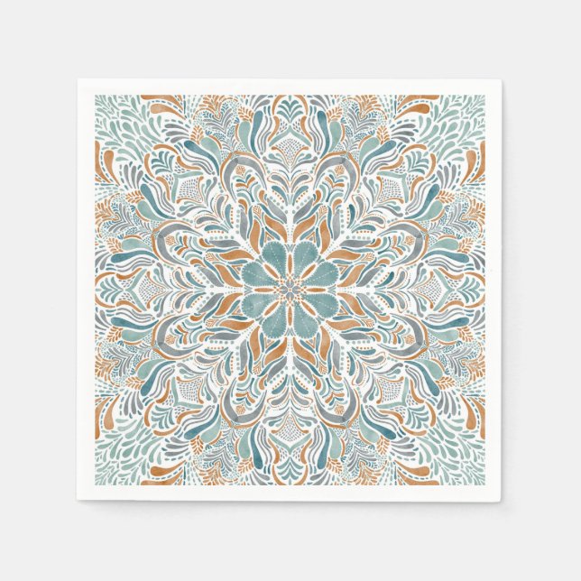 Guardanapo De Papel Teal Brown Watercolor Mandala (Frente)