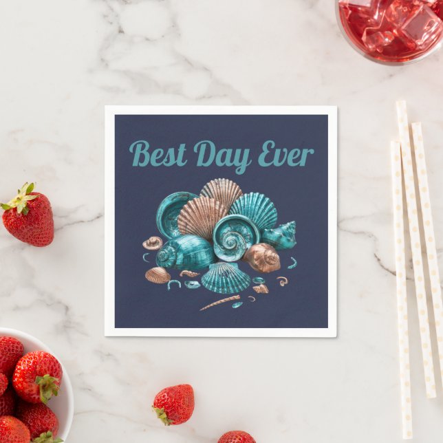 Guardanapo De Papel Teal Copper Sea Shell Beach Wedding Paper Napkin (Insitu)