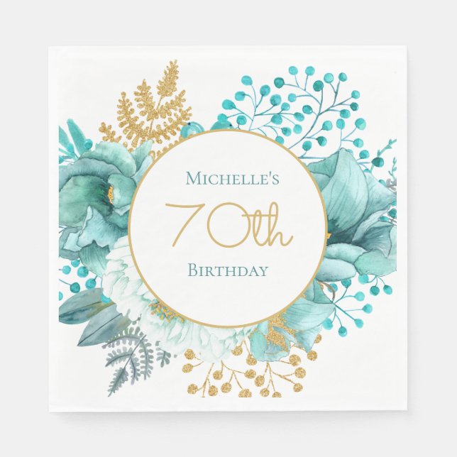 Guardanapo De Papel Teal Dourada Floral 70 Birthday (Frente)