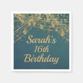 Guardanapo De Papel Teal Dourado String Lights Bokeh 16th Birthday