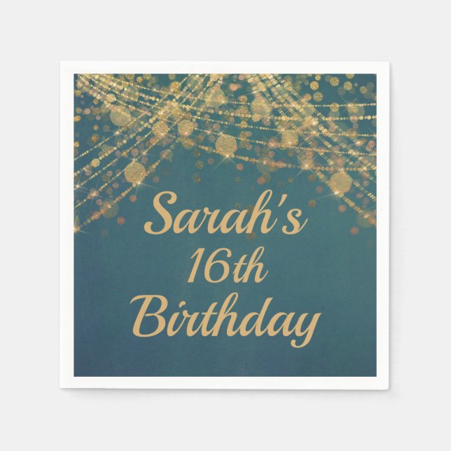 Guardanapo De Papel Teal Dourado String Lights Bokeh 16th Birthday (Frente)