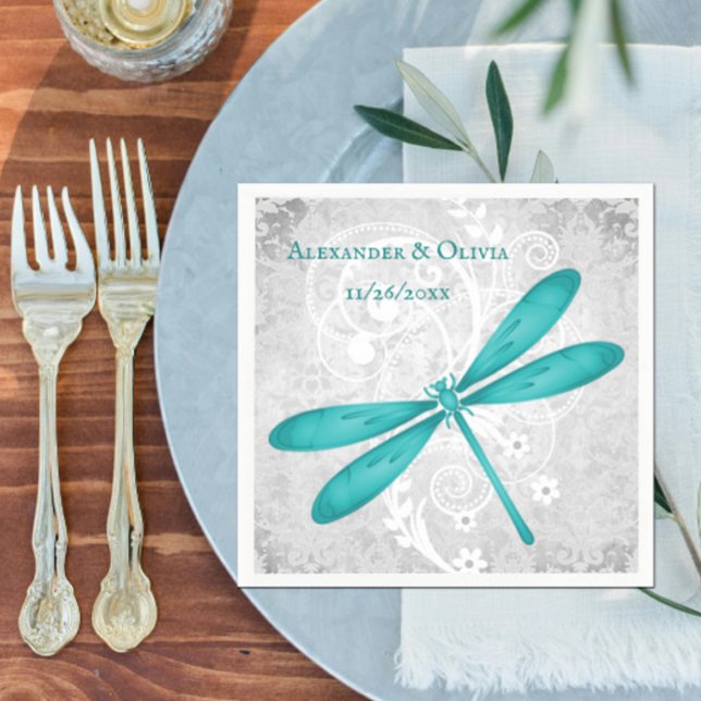 Guardanapo De Papel Teal Dragonfly Chá de panela Napkin (Teal Dragonfly Bridal Shower Napkin)