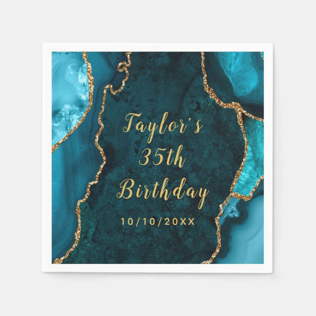 Guardanapo De Papel Teal e Dourada Agate Marble Birthday (Frente)