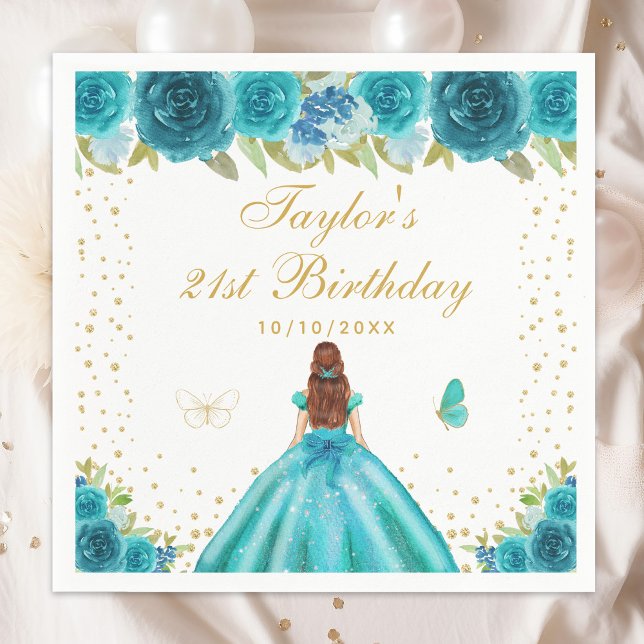 Guardanapo De Papel Teal Floral Brown Hair Princess Festa de aniversár (Criador carregado)