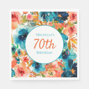 Guardanapo De Papel Teal Laranja Aquarela Floral 70º Aniversário