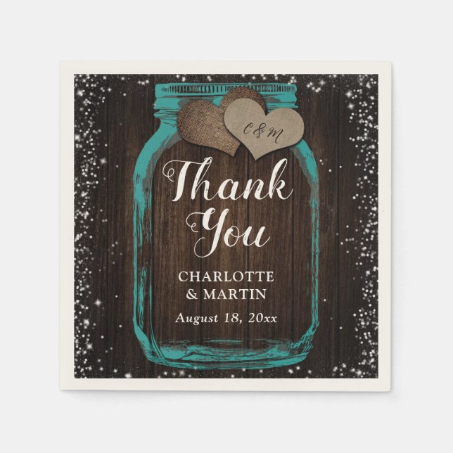 Guardanapo De Papel Teal Mason Jar Rustic Wood Obrigado Casamento (Frente)