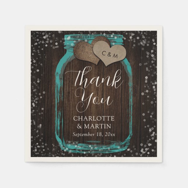 Guardanapo De Papel Teal Mason Jar Rustic Wood Thank You Wedding (Frente)