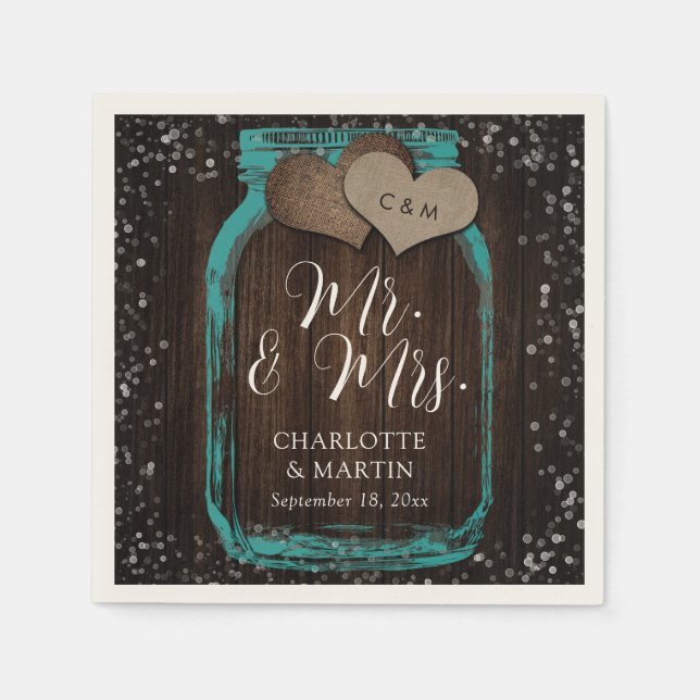 Guardanapo De Papel Teal Mason Jar Wood Mr. & Mrs. Wedding (Frente)