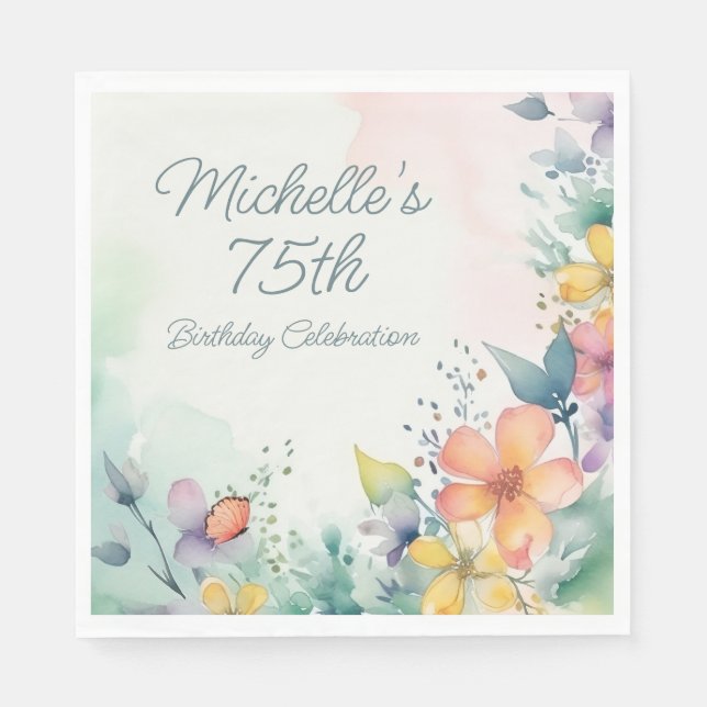 Guardanapo De Papel Teal Pink Yellow Pastel Floral 75th Birthday (Frente)