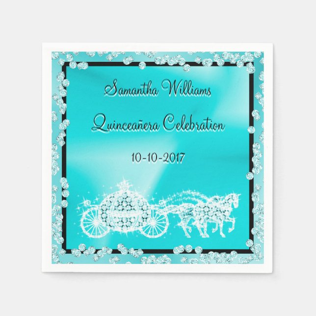 Guardanapo De Papel Teal Princess Coach & Horses Quinceañera (Frente)
