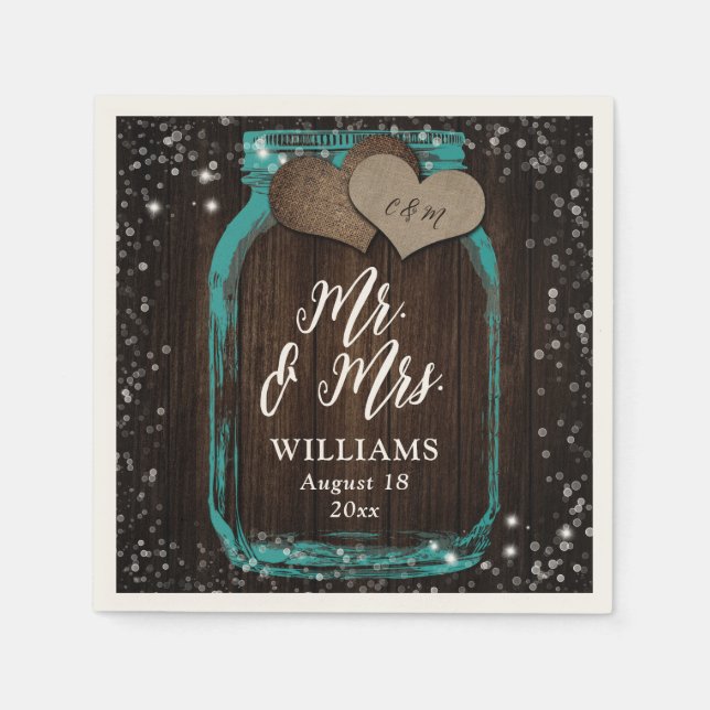 Guardanapo De Papel Teal Rustic Wood Mason Jar Wedding (Frente)